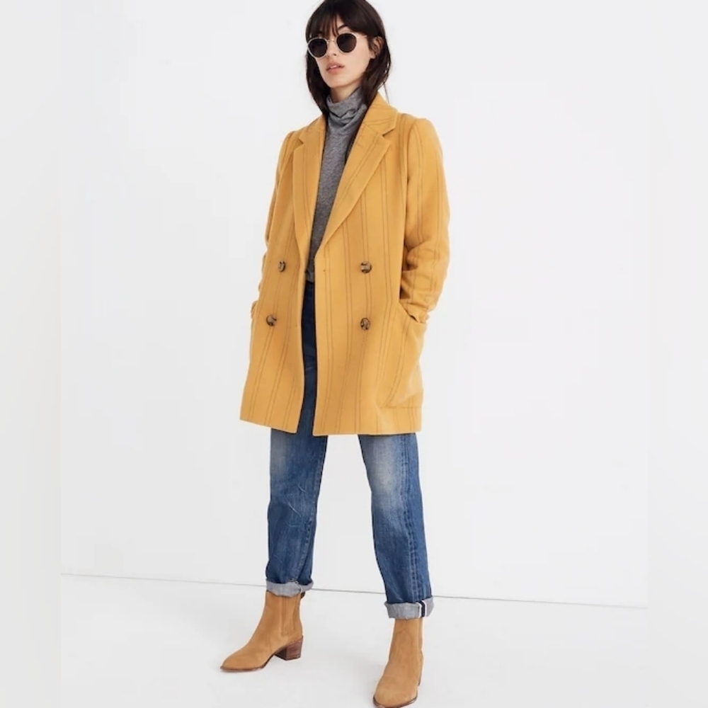 Madewell Hollis Double-Breasted Wool Blend Coat in Stripe Curry Powder